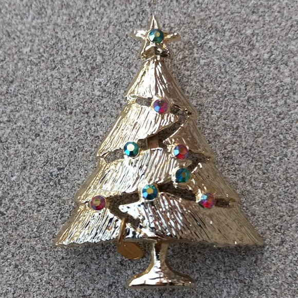 Gold Christmas Tree Pin Brooch with Green & Red Aurora Borealis Crystals - Picture 1 of 14